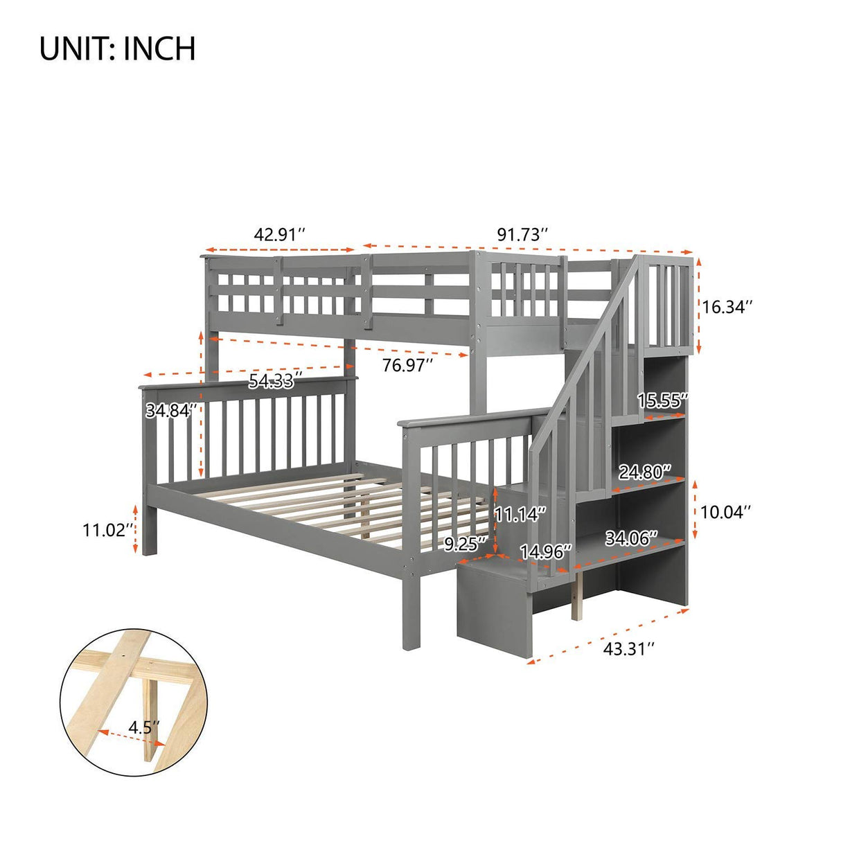 Bunk Bed with Staircase, Twin Over Full Bunk Bed with Storage, Bunk Bed Frames with Stairs, Convertible Bunk Beds for Teens, Kids(Grey)