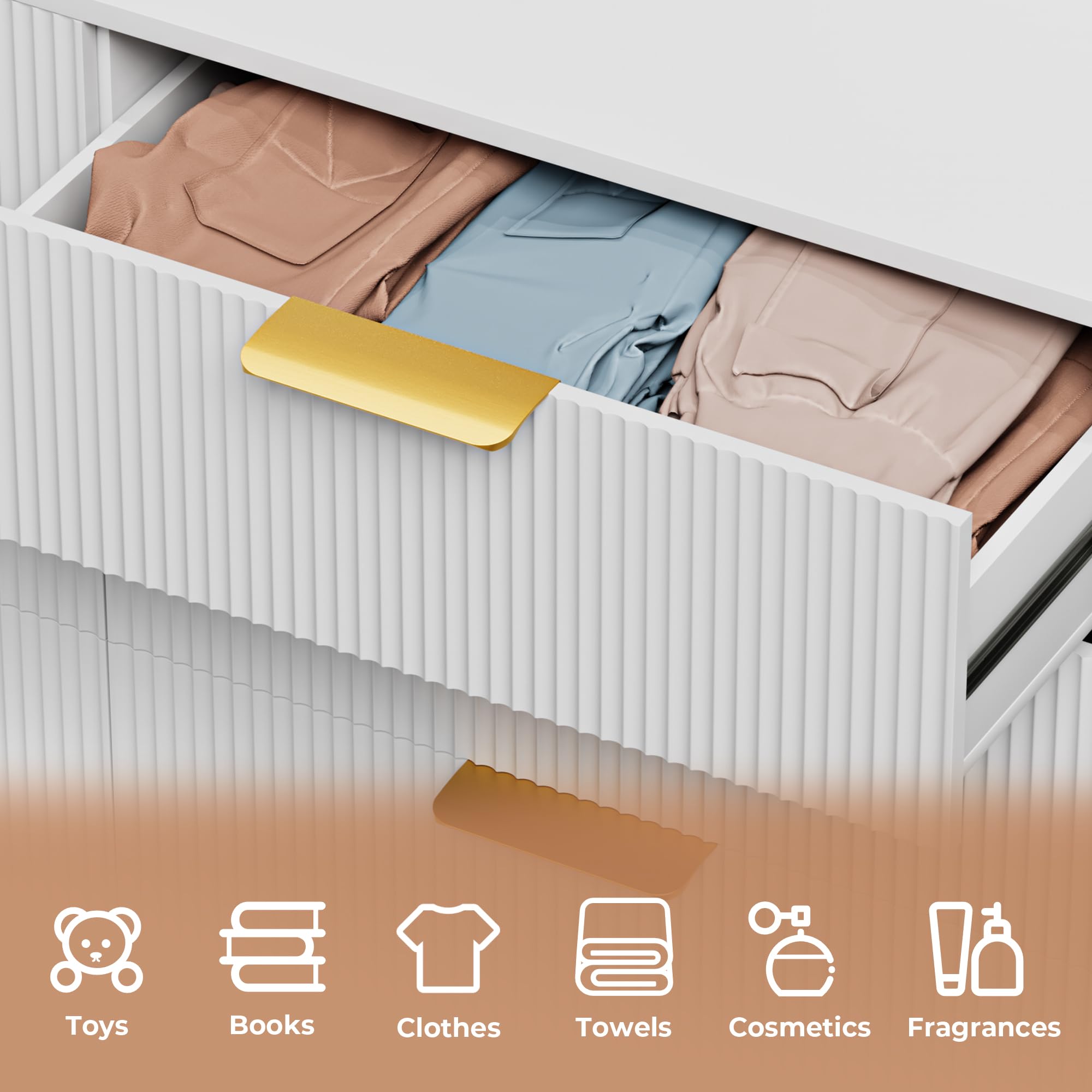 6 Drawer Dresser White Gold for Bedroom, White Wood Modern Double Dresser