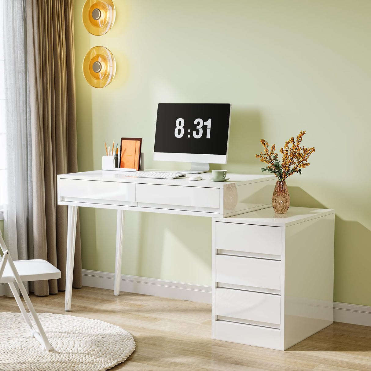 White Desk with 5 Drawers, Modern Home Office Desk with Storage Drawers and Printer