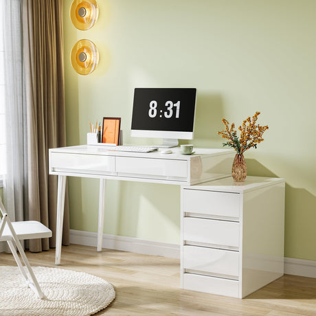 White Desk with 5 Drawers, Modern Home Office Desk with Storage Drawers and Printer