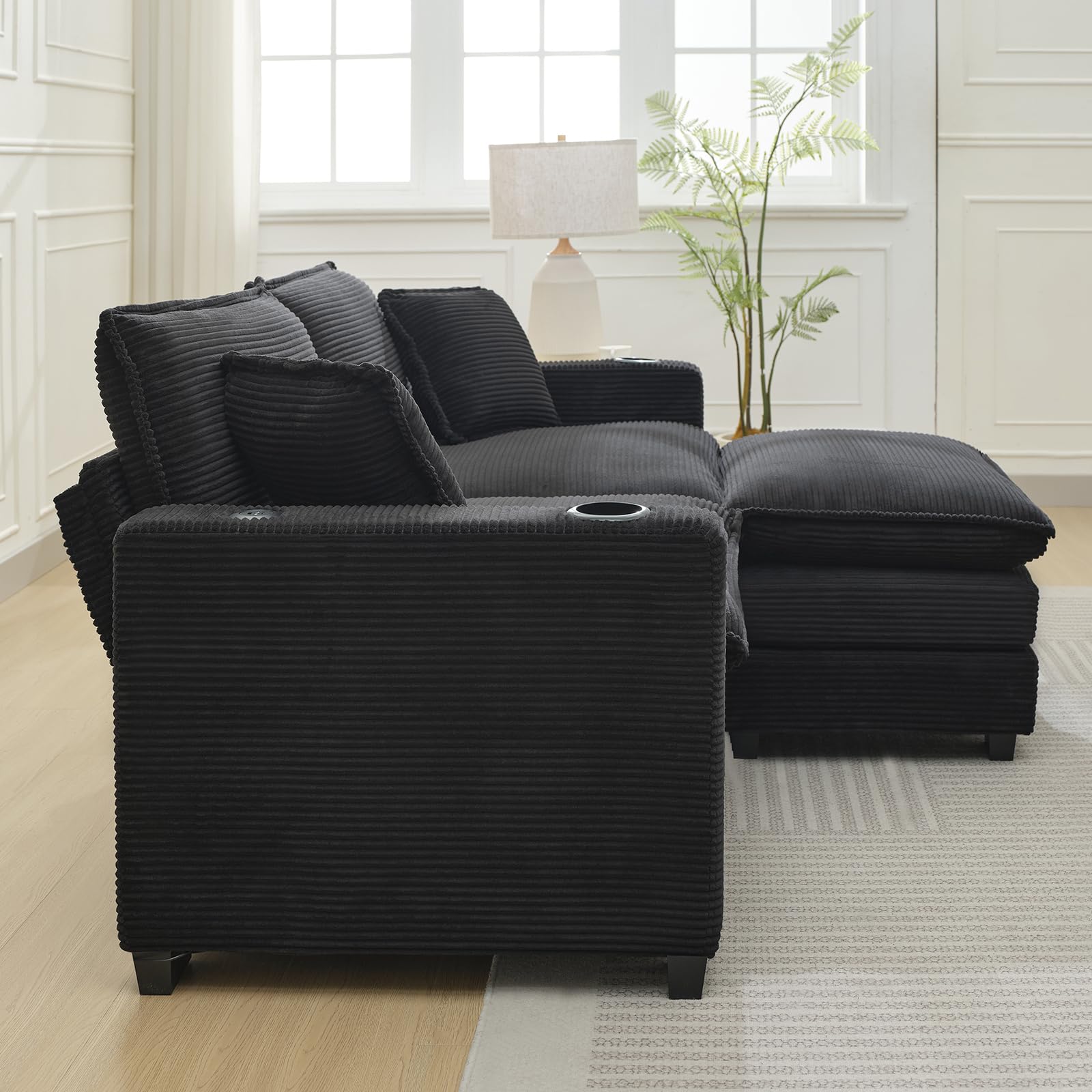 KIVENJAJA Corduroy Cloud Sectional Couch, Modular Oversized Loveseat Sofa with Ottoman, Cup Holders & USB Port, Comfy 2 Seater Love Seat for Living Room Small Space, 82.7”W, Black