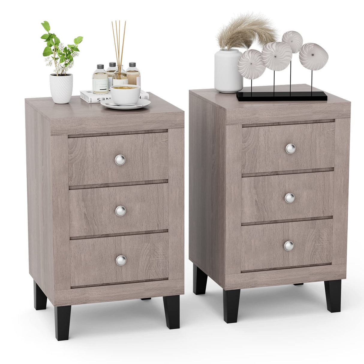 Nightstand with 3 Drawers Set of 2, 26.5" Wood End Side Table w/Handles & Rubber Solid Wood Legs