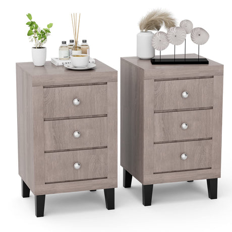 Nightstand with 3 Drawers Set of 2, 26.5" Wood End Side Table w/Handles & Rubber Solid Wood Legs