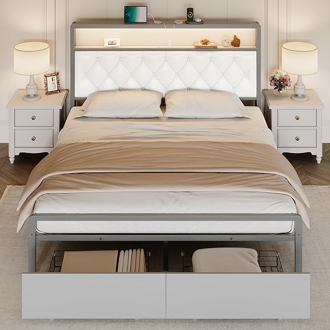 LuxoraGlow Upholstered Bed Frame with LED Headboard, Storage Drawers & USB Charging