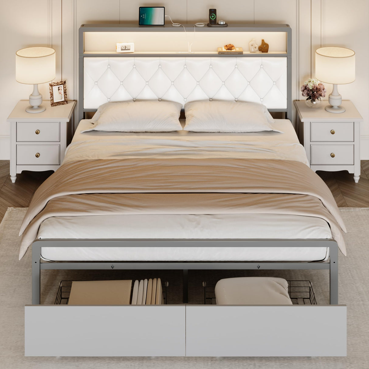 Full Size Bed Frame with 2 Storage Drawers, Upholstered Full Bed Frame with LED Lights