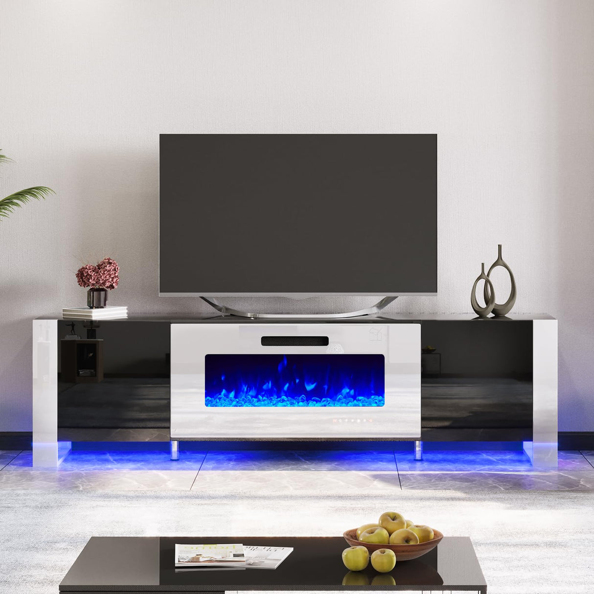 Fireplace TV Stand with 40" Fireplace, 80" Modern High Gloss Entertainment Center LED