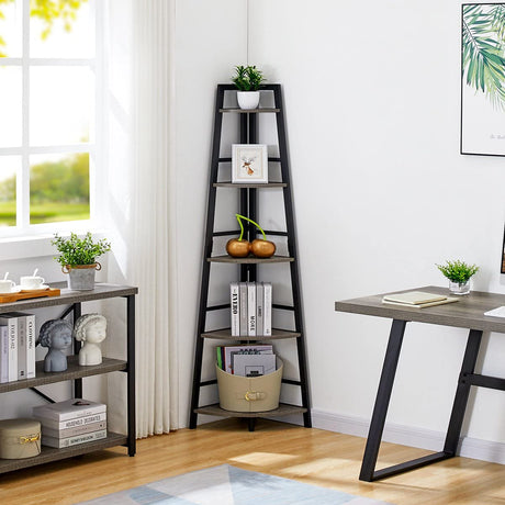 Rustic Tall Corner Bookshelf, 5 Tier Wood and Black Metal Corner Ladder Shelf