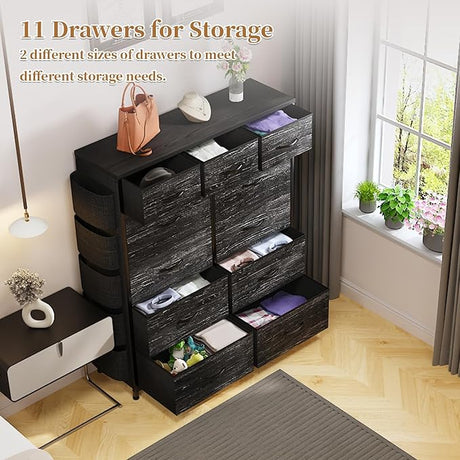 Dresser for Bedroom with 11 Drawer, Dressers & Chests of Drawers with Side Pockets,