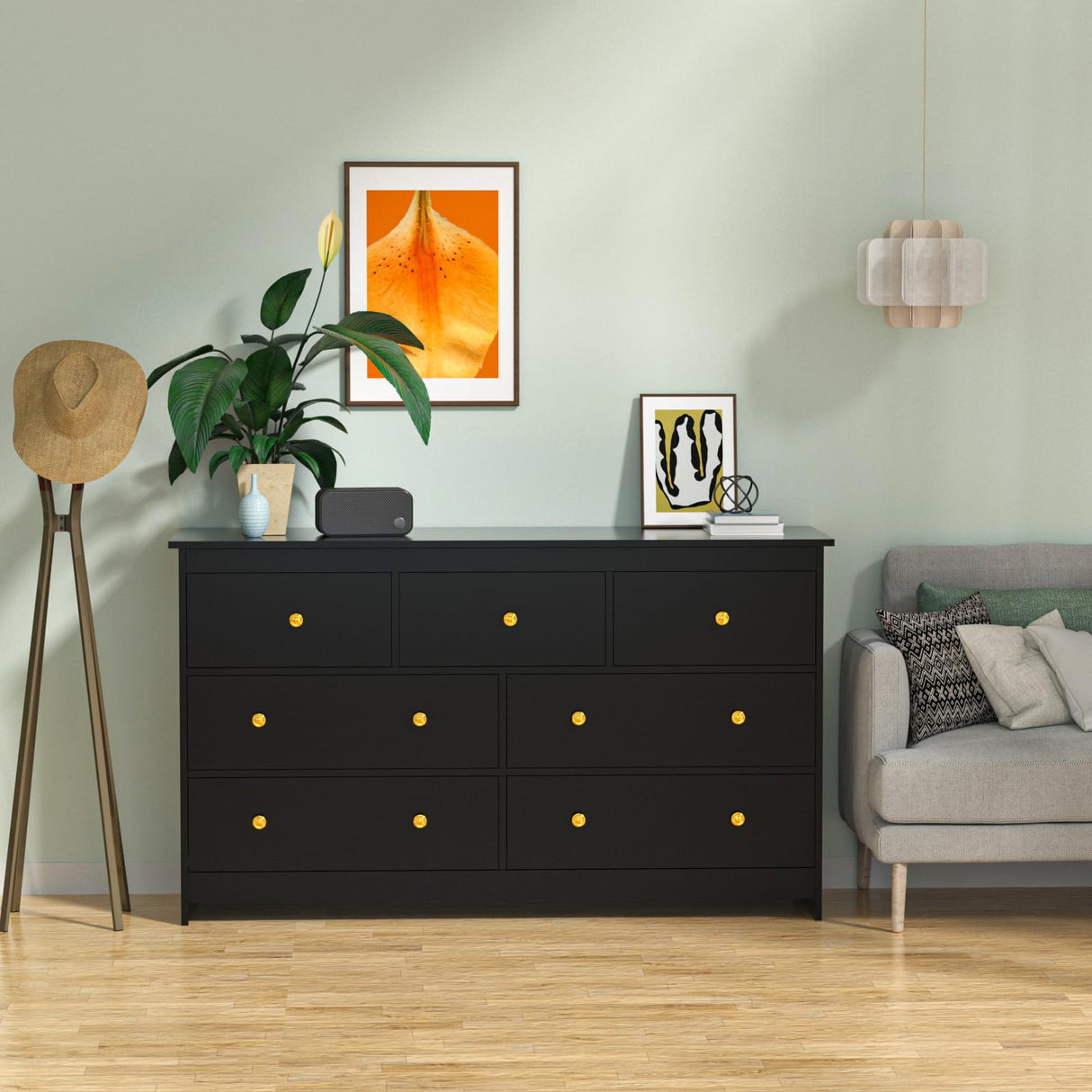 Black Dresser for Bedroom, 7 Drawer Dresser with Wide Drawer and Metal Handles