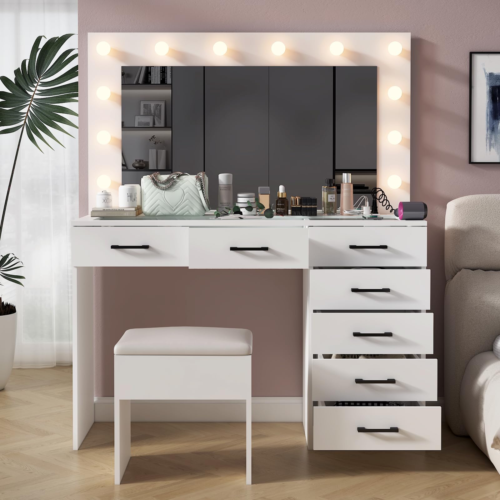 Desk with Large Lighted Mirror & Powre Outlet, Glass Tabletop Makeup Vanity Set with 7 Drawers, 45.3" Vanity Table with 3 Color Lighting Modes, Dressing Table for Women Girls, White