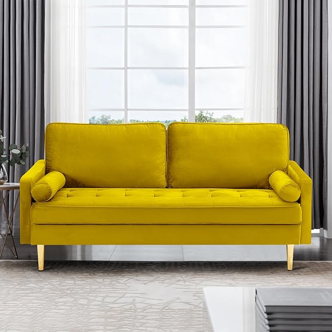 67" Modern Velvet Loveseat Sofa Couch, Mid-Century Tufted Upholstered Small Love Seat Couch with 2 Pillows & 4 Golden Legs, 2-Seats Couches for Compact Space, Living Room, Apartment (Navy)