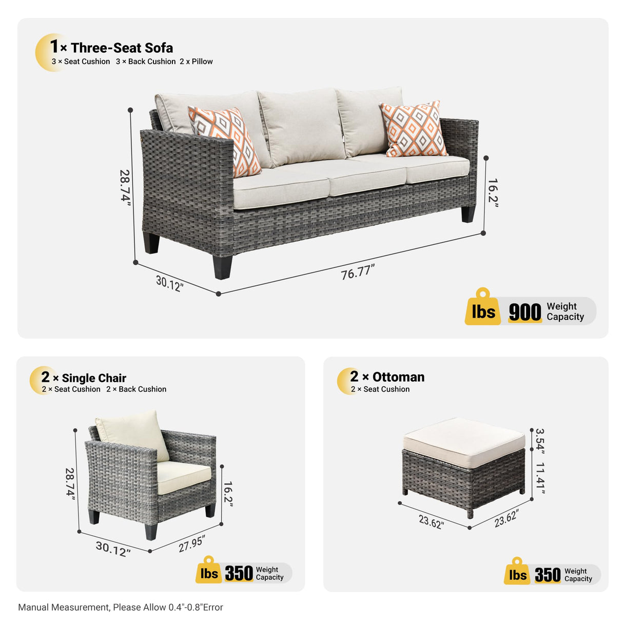 5 Pieces Outdoor Wicker Rattan Sofa Couch with Ottomans