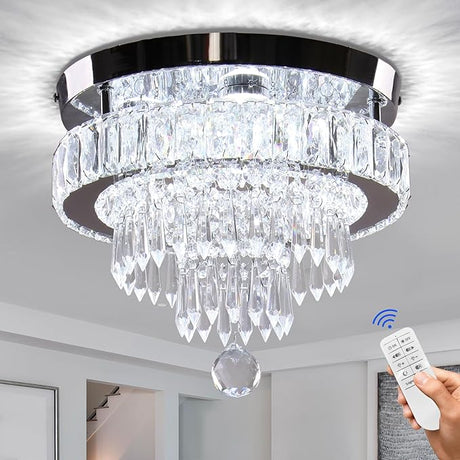 16" Crystal Chandelier 2 Rings Crystal Ceiling Light Fixture Modern Chandelier LED Chandeliers Light Fixture for Dinning