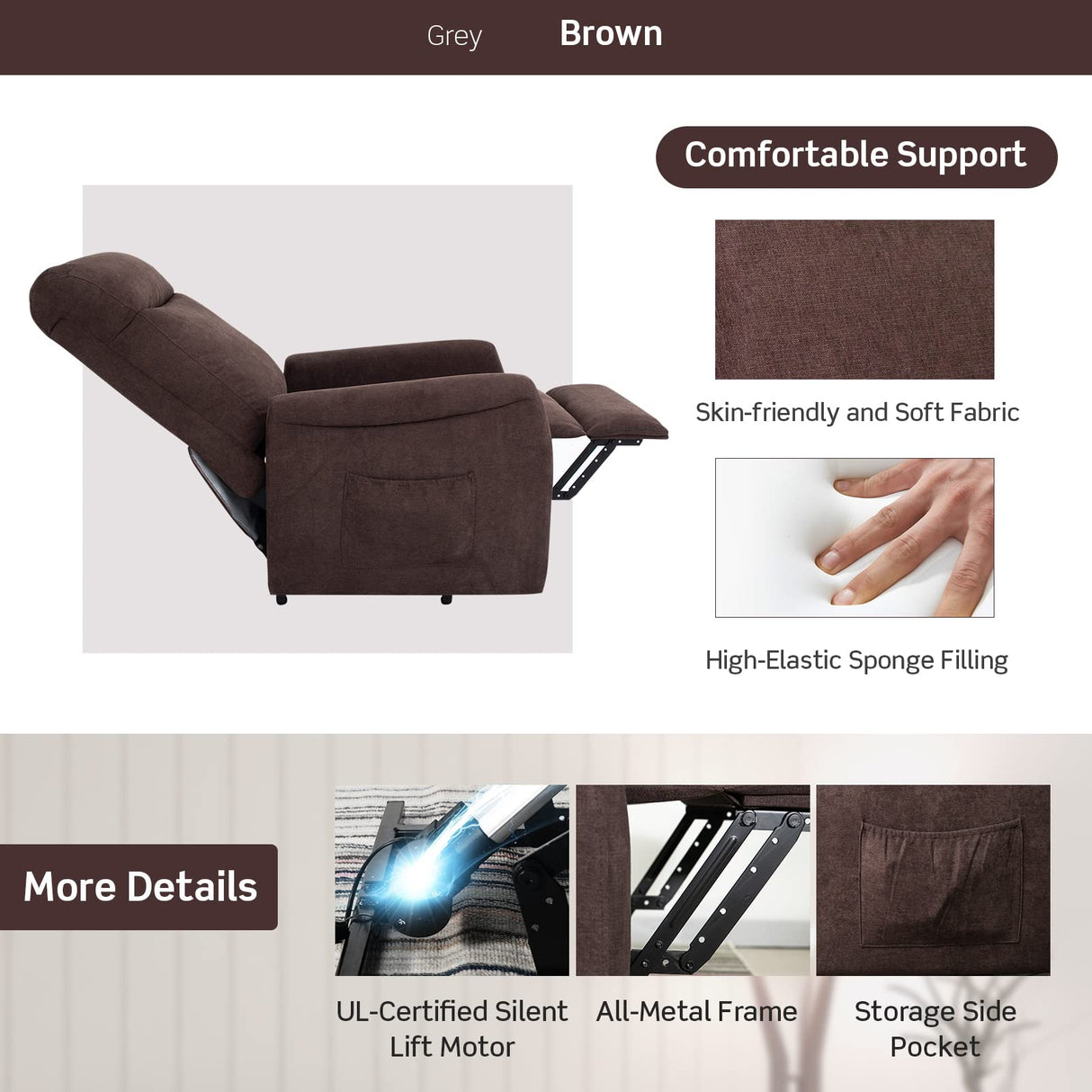 Giantex Power Lift Recliner Chair for Elderly, Ergonomic Lounge Chair w/Remote Control, Adjustable Backrest, Side Pocket, Electric Stand-Up Fabric Arm Chair for Bedroom Living Room Nursery (Brown)