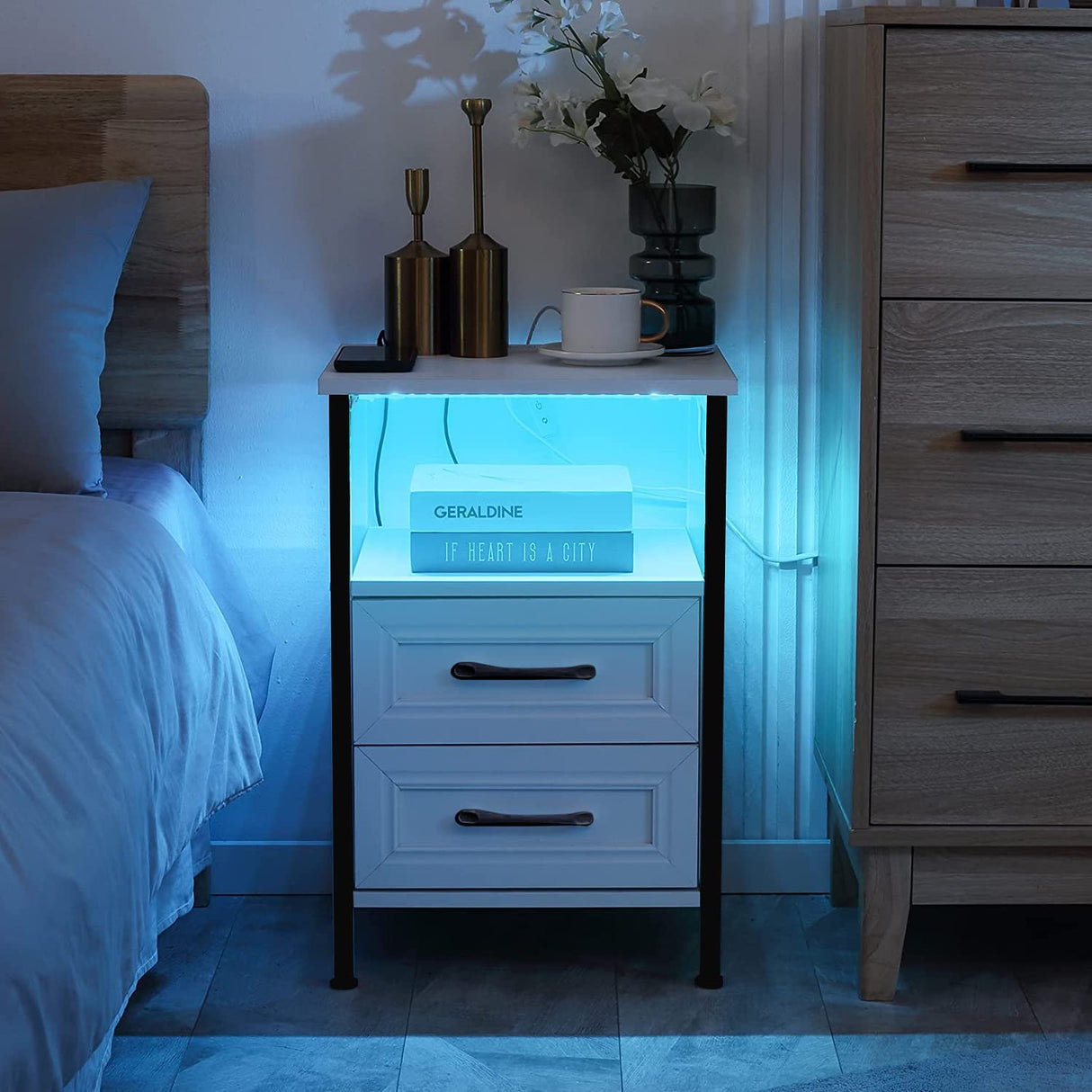 Night Stand Charging Station and RGB Lights for Night Side Table Nightstand