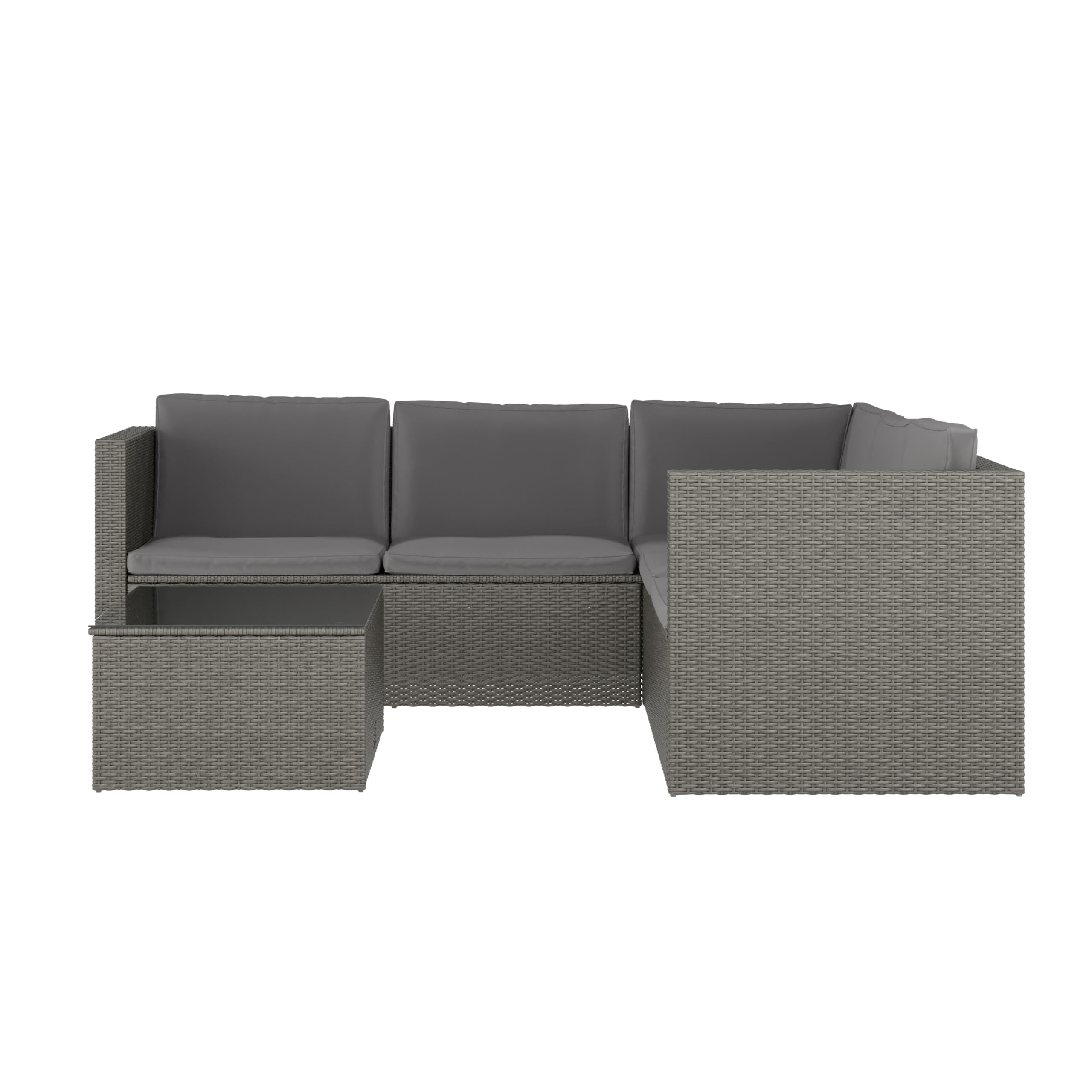 EMMA + OLIVER Beal Outdoor Sectional Couch with Table, All-Weather PE Rattan Frame, Side Lift Storage Coffee Table, Back and Seat Cushions, Gray/Gray