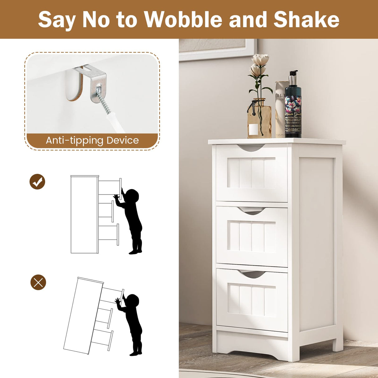 Bathroom Floor Cabinet - Small Bathroom Storage Cabinet with 3 Removable Drawers & Anti-Toppling Device,