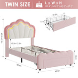 Twin Upholstered LED Bed Frame with Storage Drawer, Cute Girls Bed with Adjustable