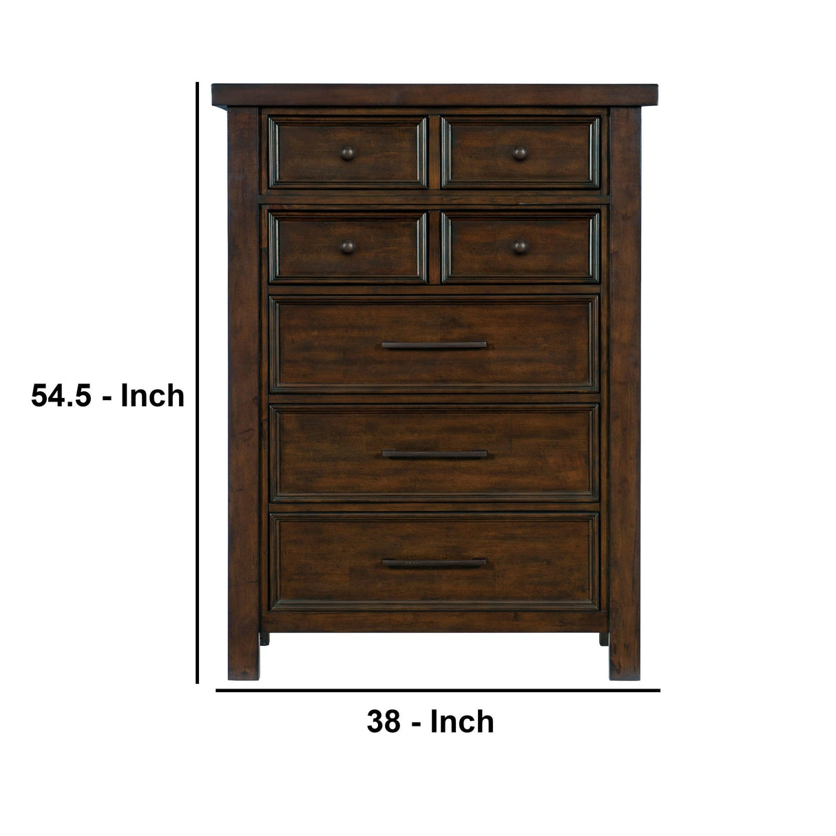 Saul 55 Inch Tall Dresser Chest, Brown, 6 Drawers, Dark Bronze Handles