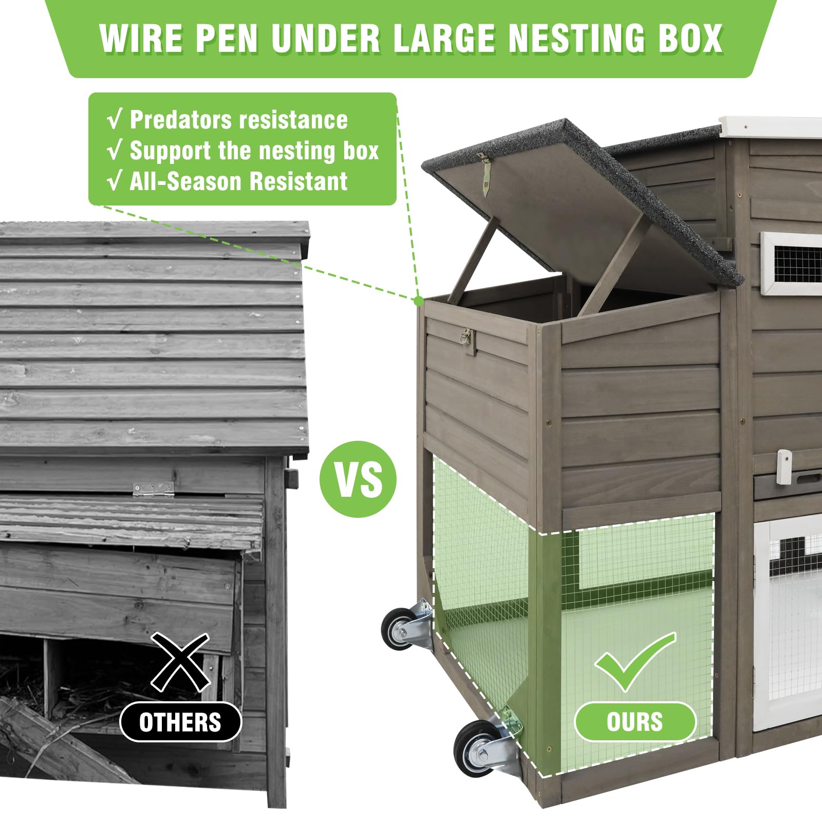 78" L Chicken Coop with Wheels Large Chicken House with Run Backyard Wooden Hen