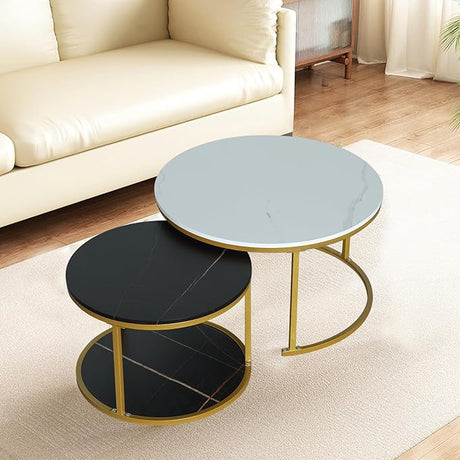 Nesting Round Coffee Table 2 Sets, Marble Look Wood Side Table