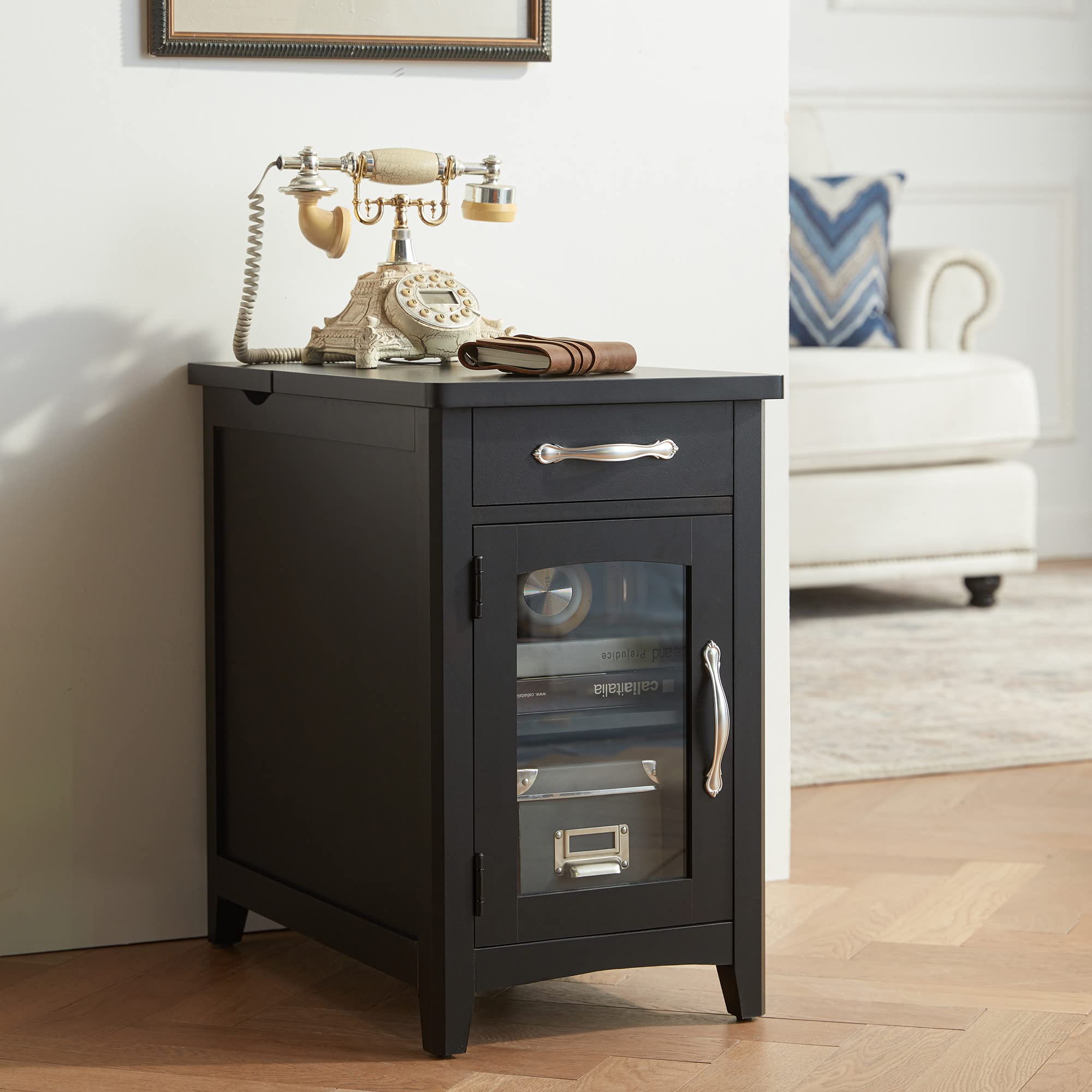 End Table with Charging Station, Side Table for Bedroom
