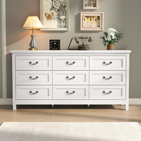 9 Drawer Triple Dresser for Bedroom, 63" Dresser TV Stand for TVs up to 75",Wide Chest of Drawers,Large Storage Long Dressers Organizer with Vintage Pull for Bedroom,Living Room (White)