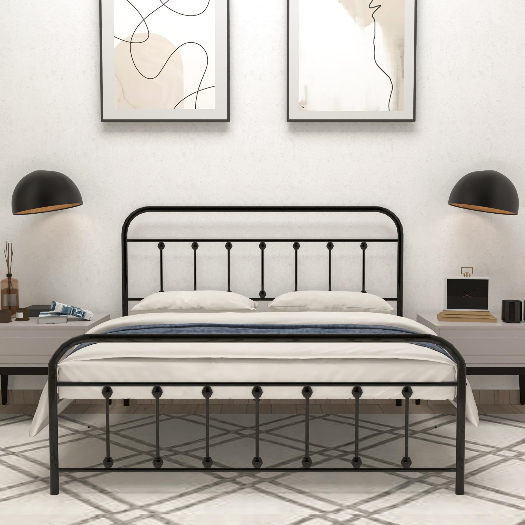 Metal Bed Frame with Headboard & Footboard Set: Vintage Bed Frame - with Storage