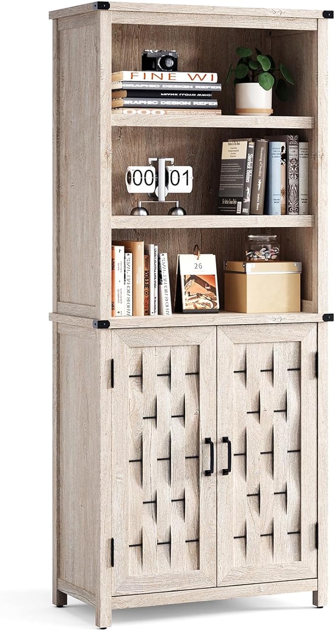 Farmhouse Bookcases with Doors, Floor Standing 5-Shelf Display Storage Shelves