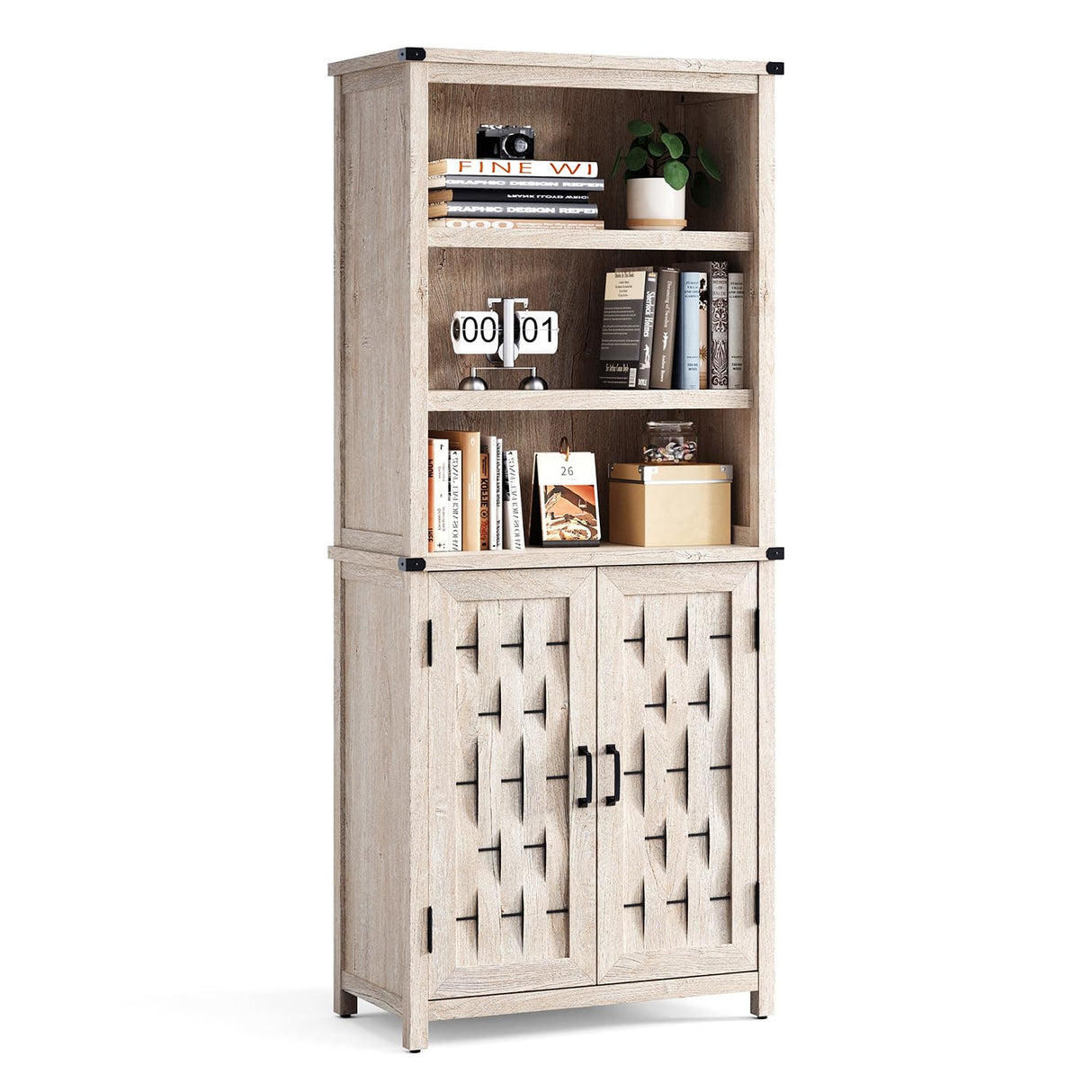 Farmhouse Bookcases with Doors, Floor Standing 5-Shelf Display Storage Shelves