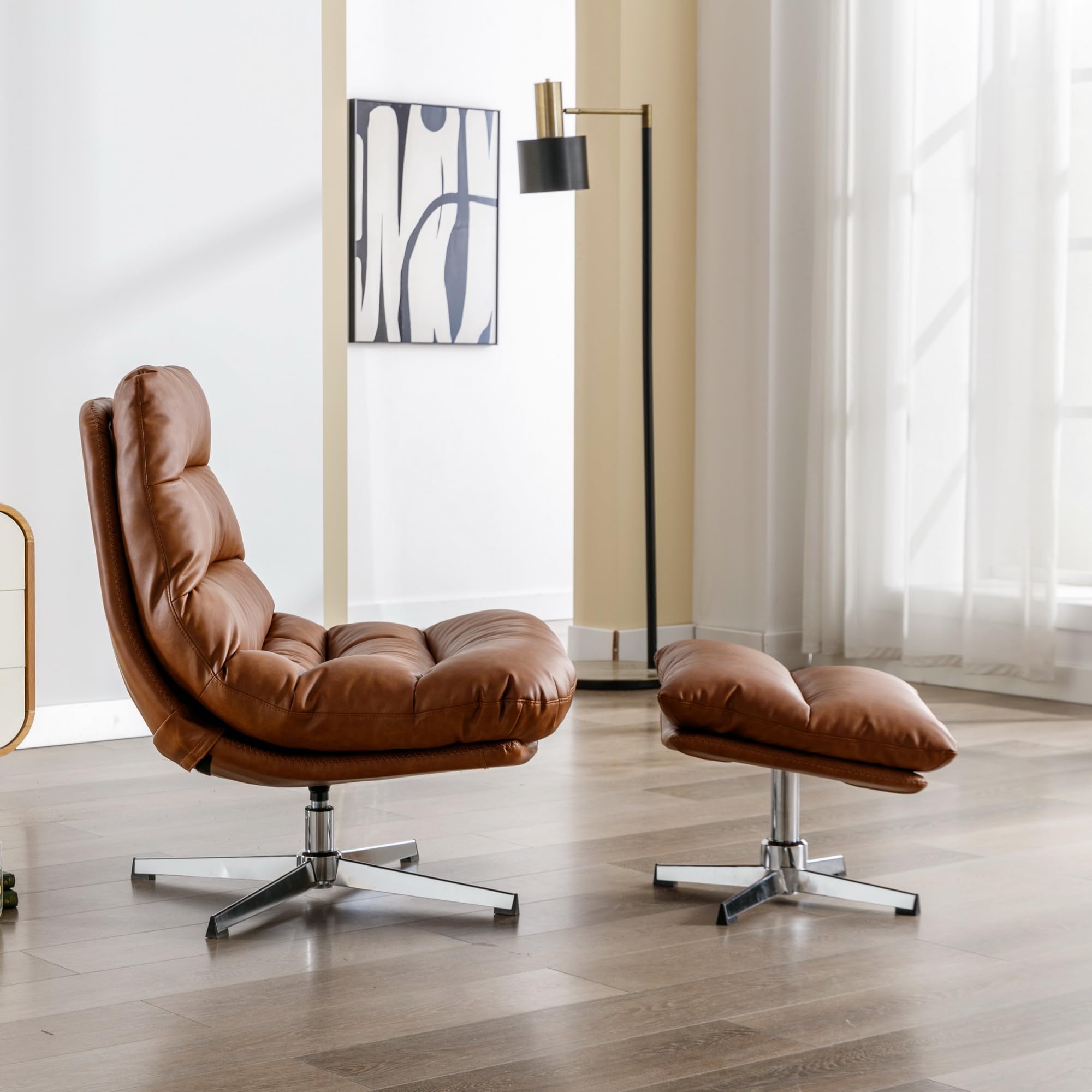 Swivel Accent Chair with Ottoman, Mid Century Modern Faux Leather Lounge Chair