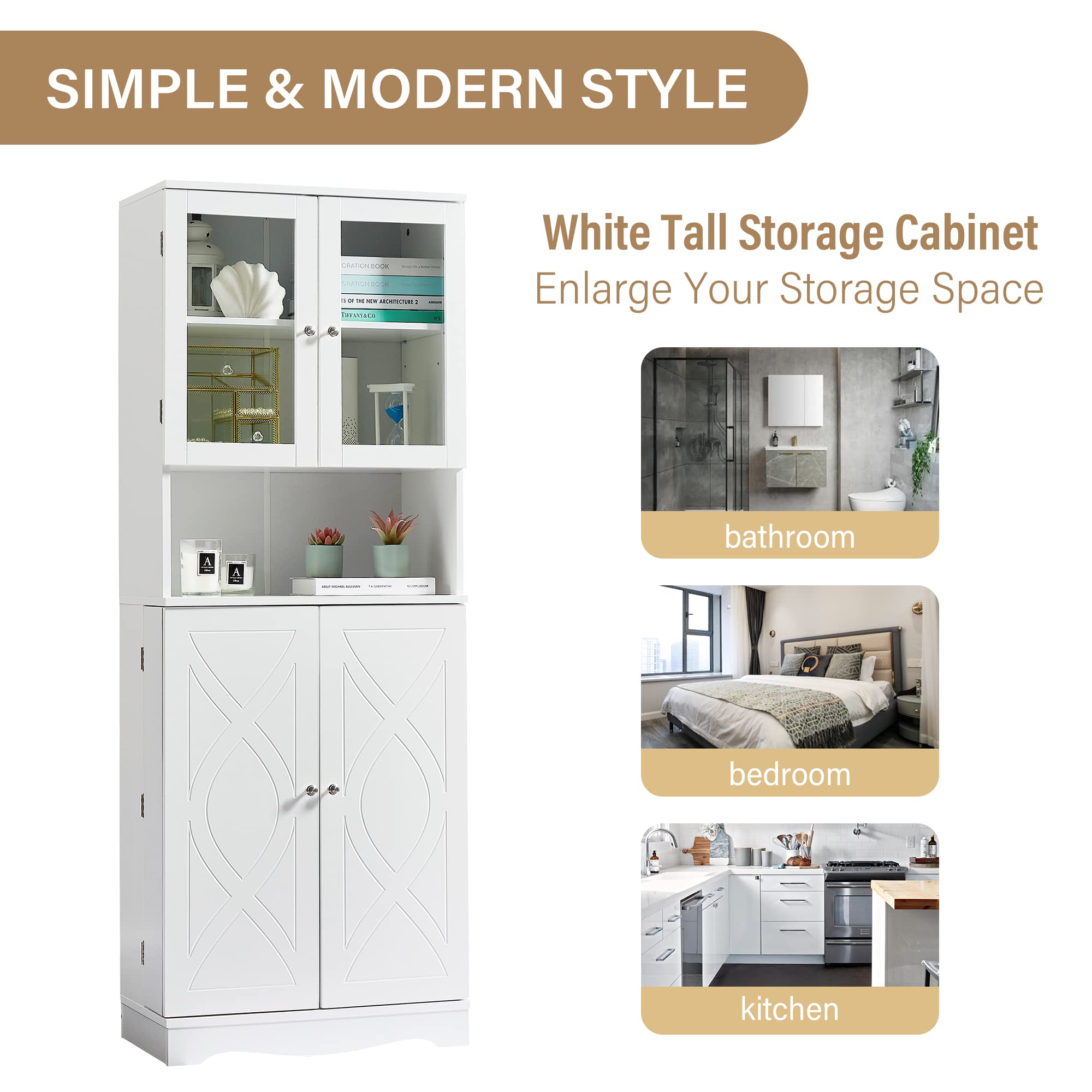 Kitchen Pantry Cabinet, 64" Freestanding Buffet Cupboards Sideboard with Glass Doors