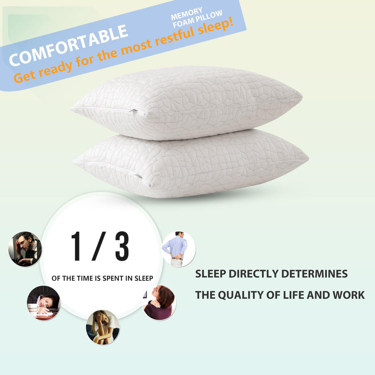 Shredded Memory Foam Pillows - Queen Size Set of 2,Adjustable Bed Pillows