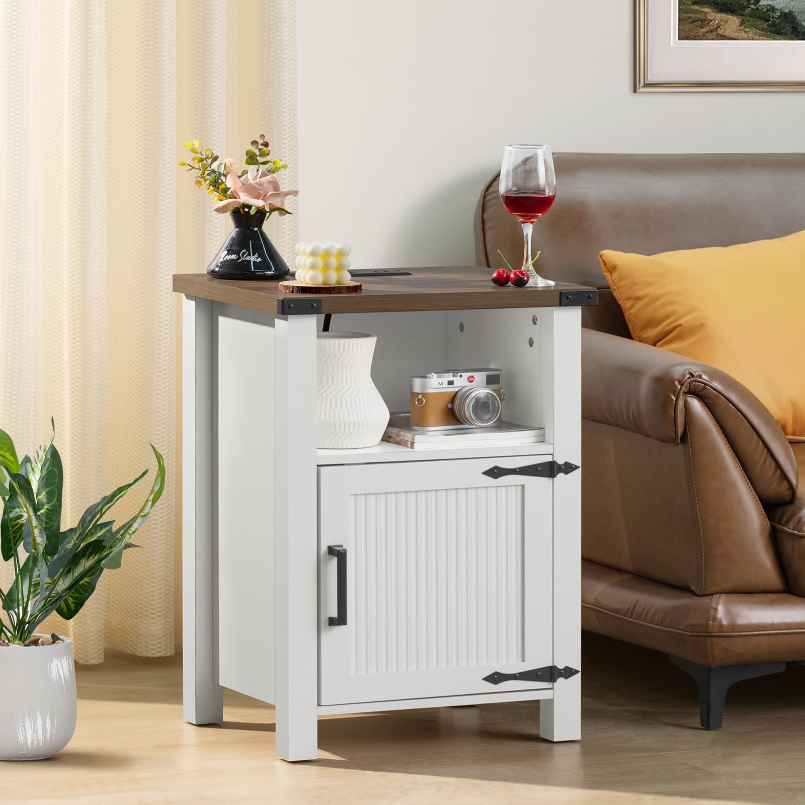 Nightstand with Charger Station and USB Port, 18 Inch Farmhouse Night Stand with Storage Shelf,