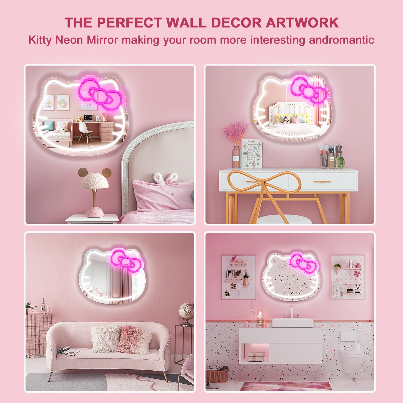 Hello Kit Vanity Mirror with Light, Dimmable LED Anime Neon Sign