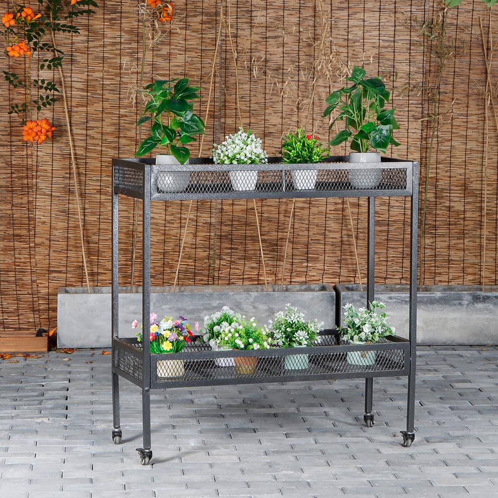 2-Tier Metal Plant Stand - Indoor/Outdoor Aluminum Shelf with Universal Wheel