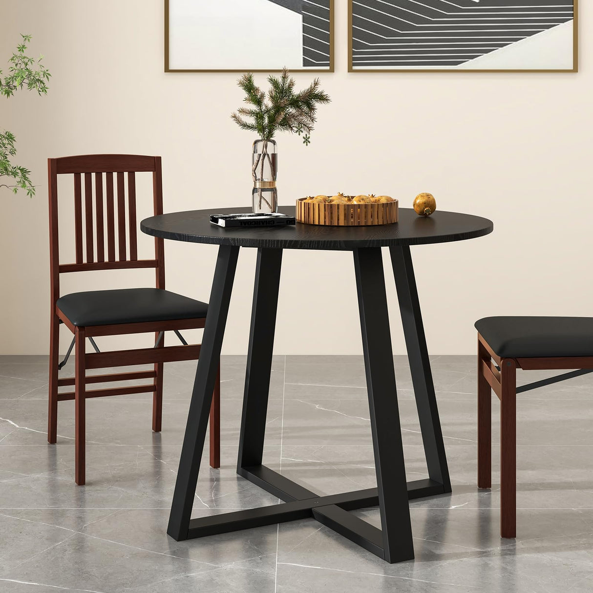 36 Inch Round Table, Kitchen Table for 4 People with Rubber Wood Frame, Pedestal Base