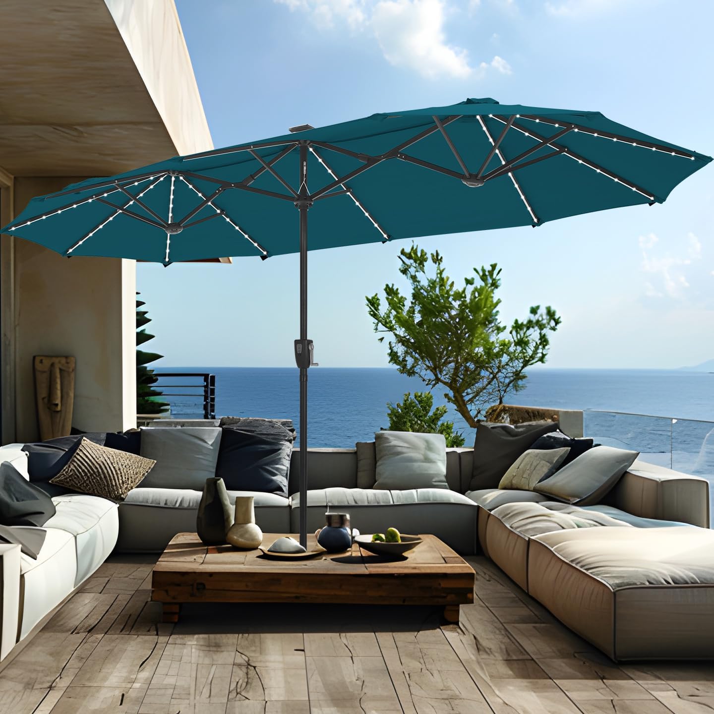 13ft Large Patio Umbrella with Solar Lights, Double-Sided Outdoor Market Rectangle