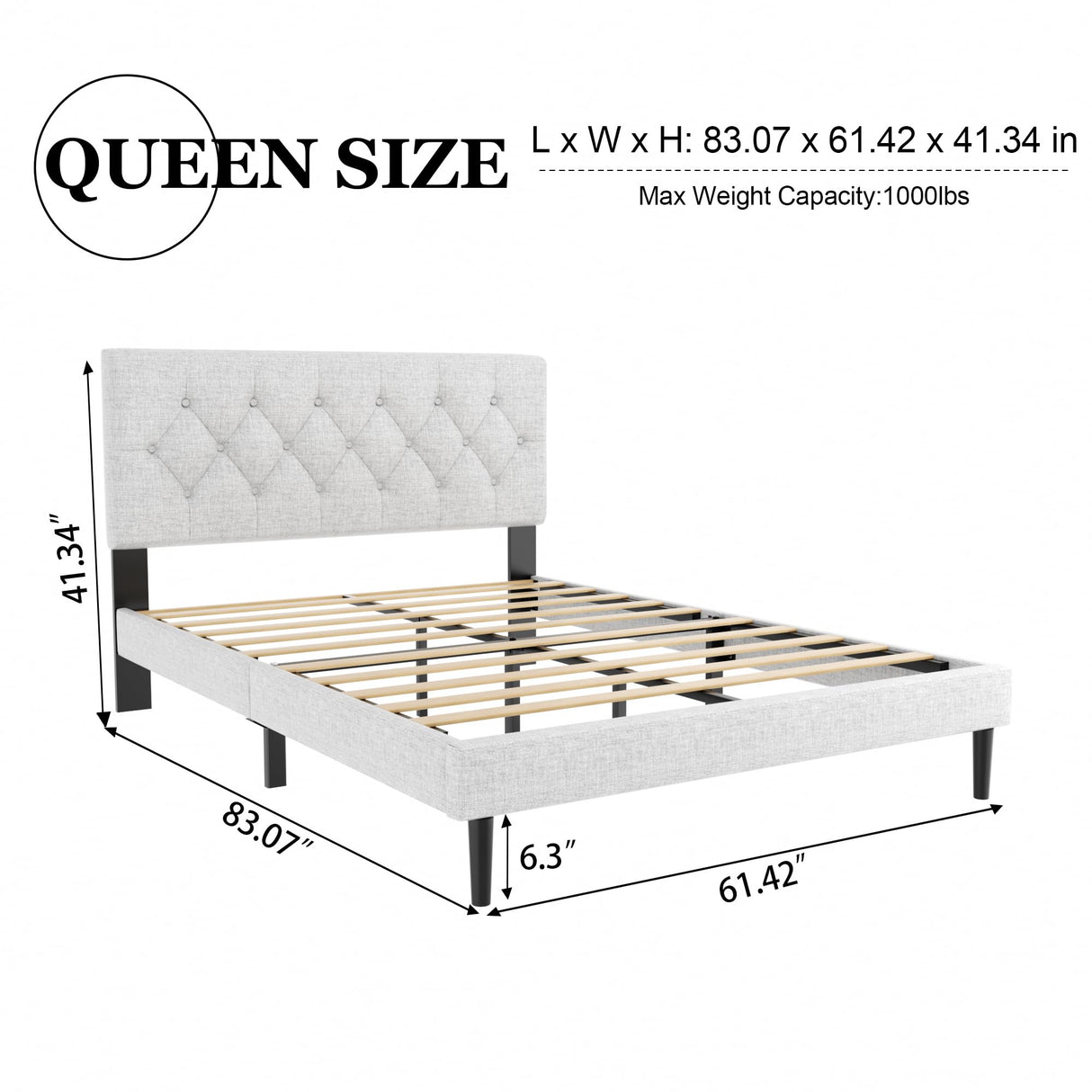 HAOARA Queen Size Platform Bed Frame with Upholstered Button Tufted Headboard, Mattress Foundation with Wooden Slat Support, Noise Free, No Box Spring Needed, Easy Assembly, Light Grey