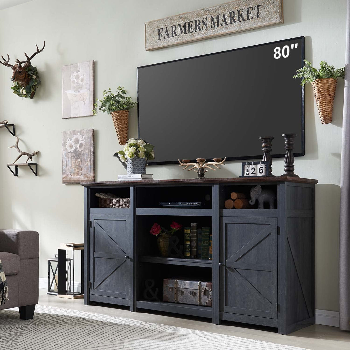 Farmhouse TV Stand for TVs Up to 80 inches, 39" Tall Highboy Entertainment Center