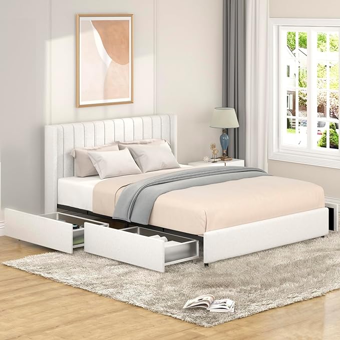Queen Size Upholstered Bed Frame, Platform Bed with Patented 4 Drawers Storage and Headboard,
