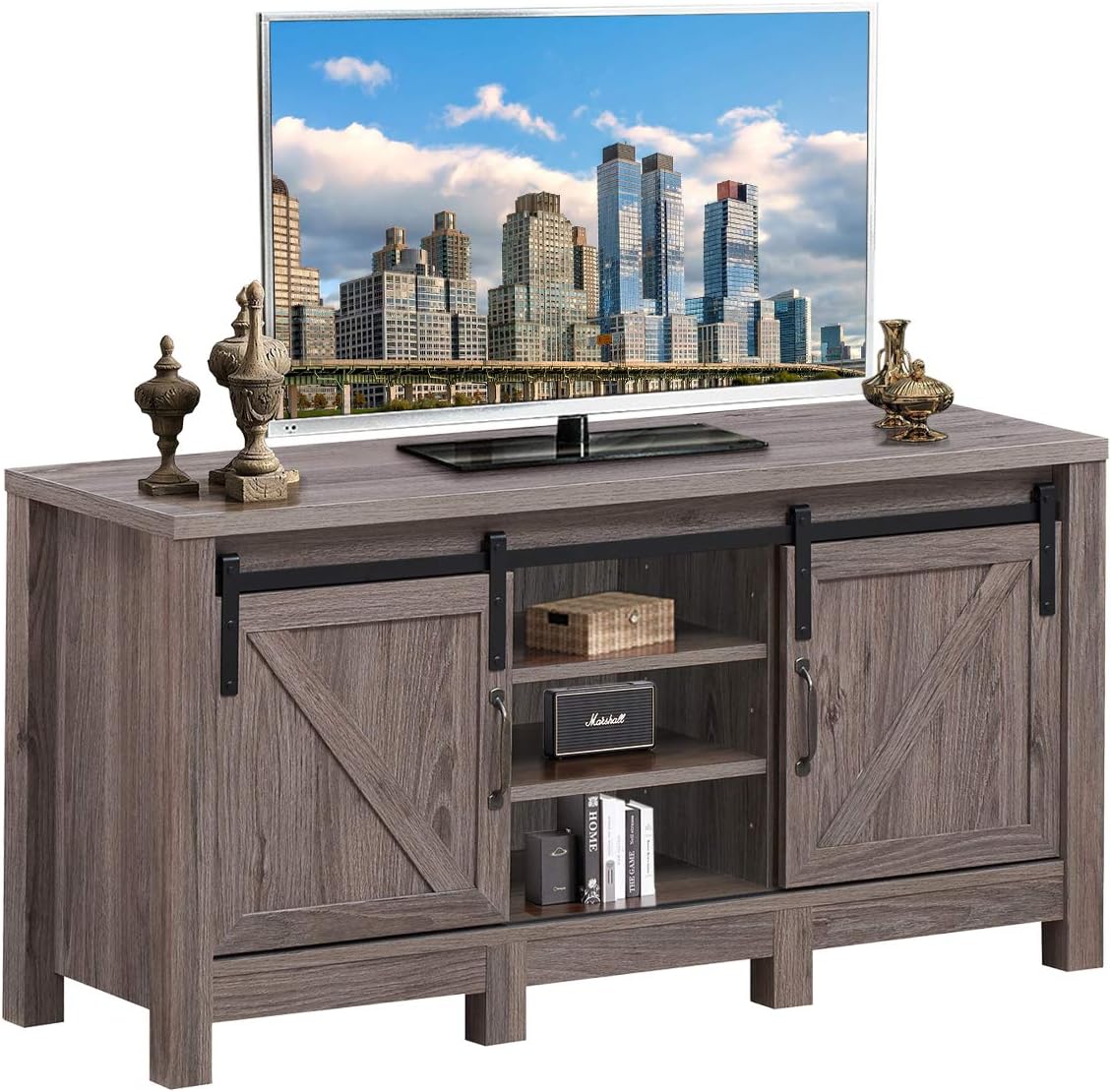 TV Stand with Sliding Barn Doors, Modern Farmhouse Wood Entertainment Center