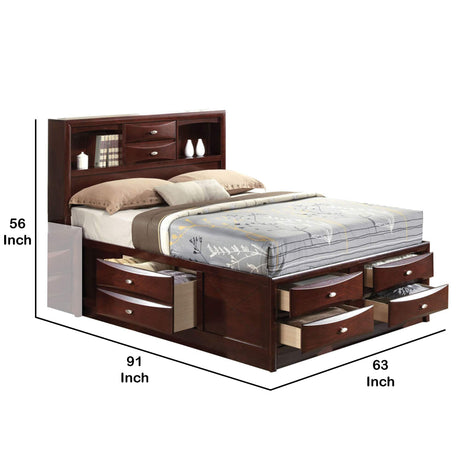Benjara Panel Design Queen Size Bed with Bookcase and Drawers, Brown