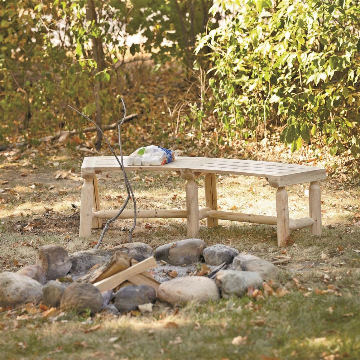 Curved Fire Pit Bench, Wood Log Bench Seat, Outdoor, Backyard, Rustic