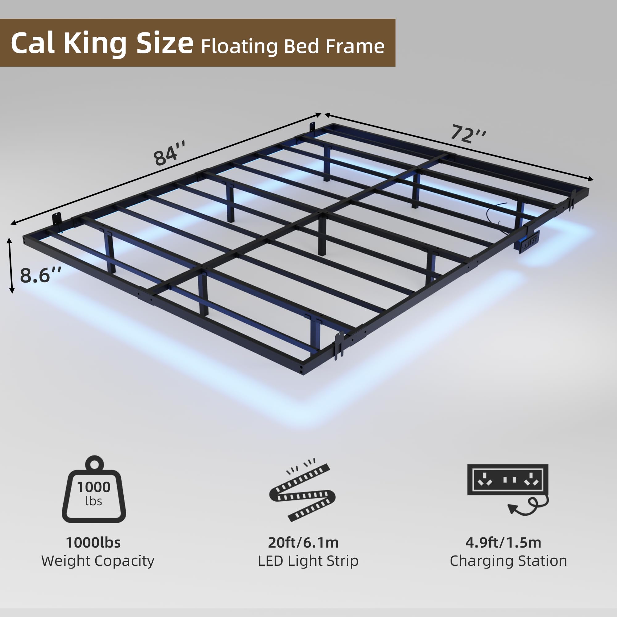 California King Floating Bed Frame with LED Lights