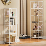 White 6 Tier Bookshelf and LED 5 Tier S-Shaped Shelf, Modern Display Storage Rack, Metal and Wooden Geometric Bookcase for Bedroom, Living Room, Office