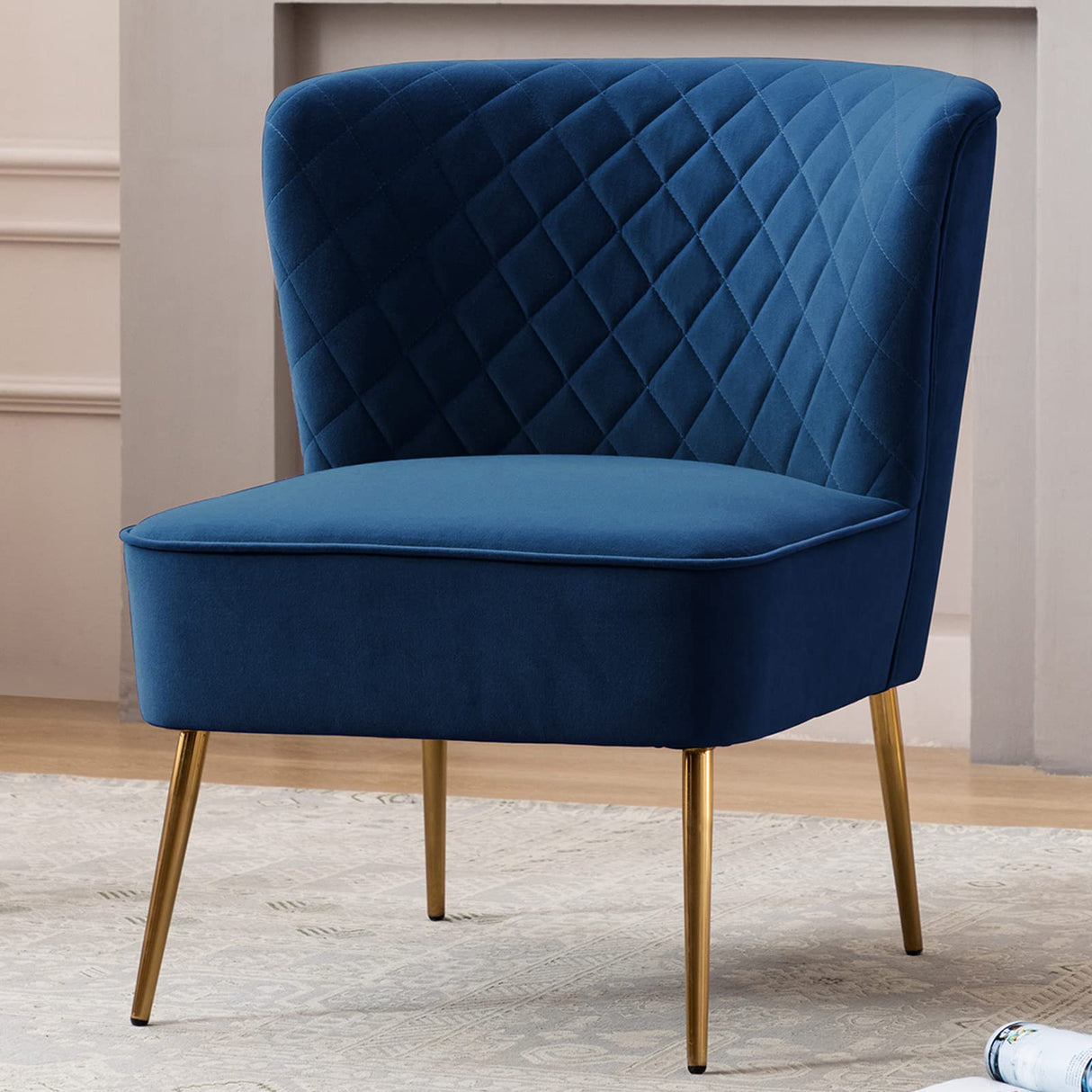 DUHOME Velvet Accent Chair, Armless Slipper Chair,Vanity Chairs Makeup Chair with Back, Upholstered Sofa Chair with Golden Legs Barrel Chair for Living Room, Bedroom Blue