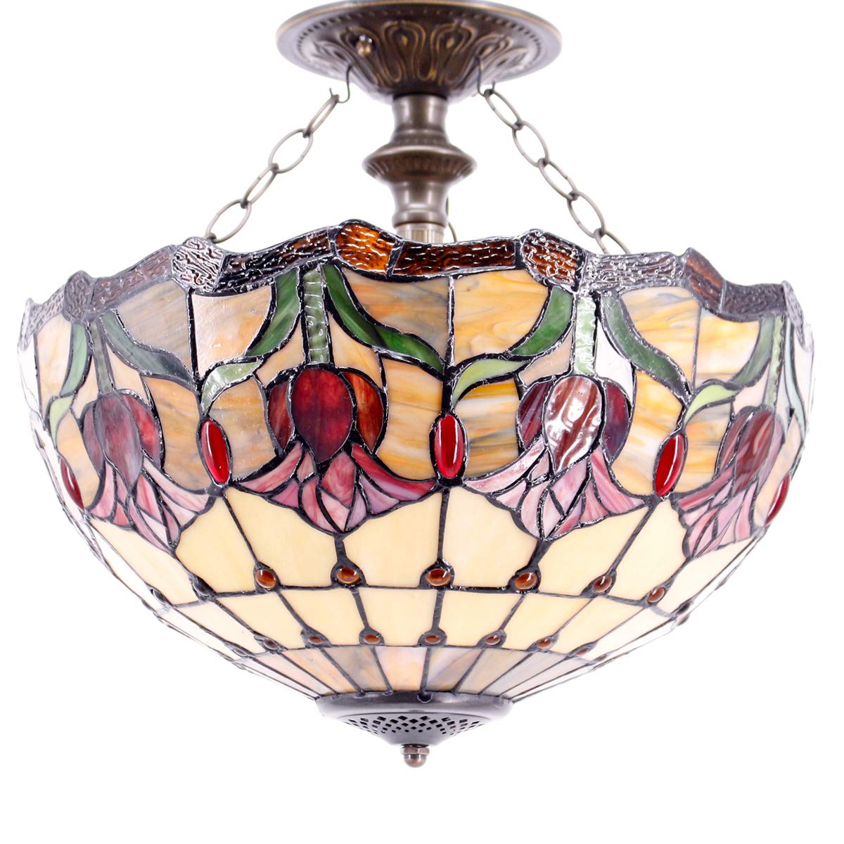 Tiffany Ceiling Light - Red Yellow Tulip Stained Glass Semi Flush Mount 16 Inch