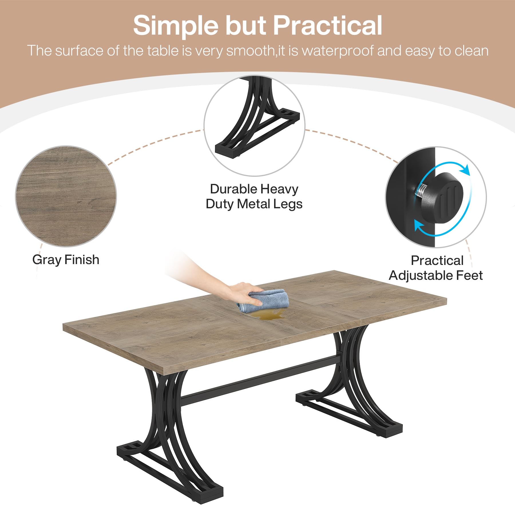 63-Inch Rectangular Dining Table for 4-6 People with Metal Trestle Legs