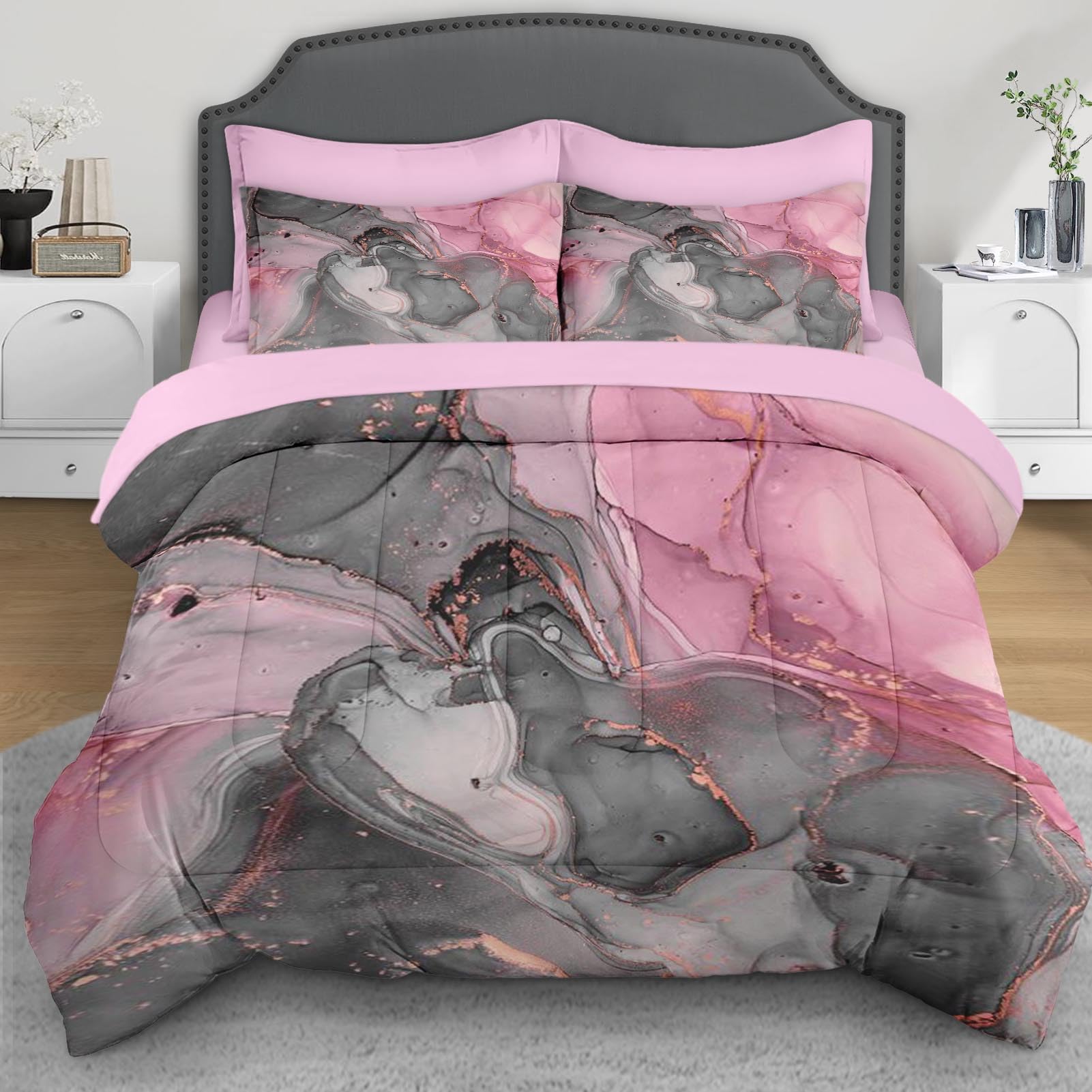 Gray Pink Marble Comforter Set Queen - 7 Piece Luxury Bedding